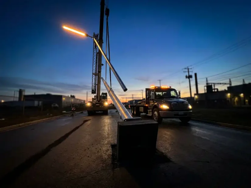 Galvaniseren stalen lichtmast wordt bij schemering opgericht op industrieweg, met verse betonnen voet en warmgeel lantaarnlicht.