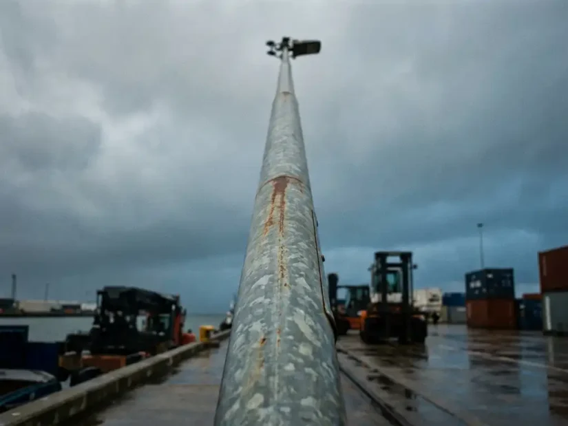 Verouderde gegalvaniseerde stalen lichtmast op een natte industriële kade, gefotografeerd van onderaf tegen een bewolkte Nederlandse lucht.