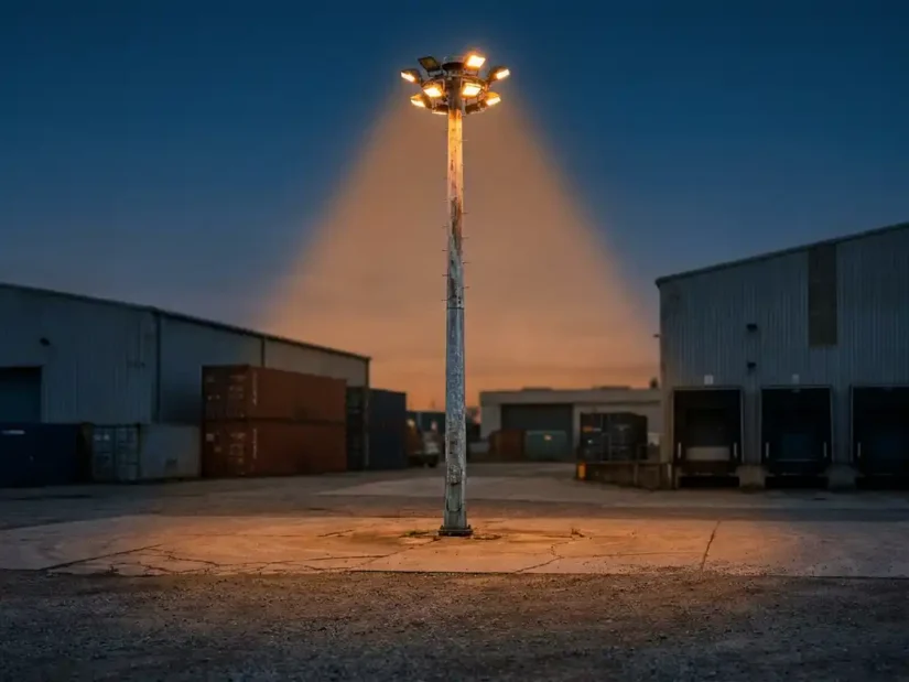 Hoge gegalvaniseerde lichtmast op industrieel terrein bij schemering, met magazijnen op de achtergrond en warm amber licht op beton.