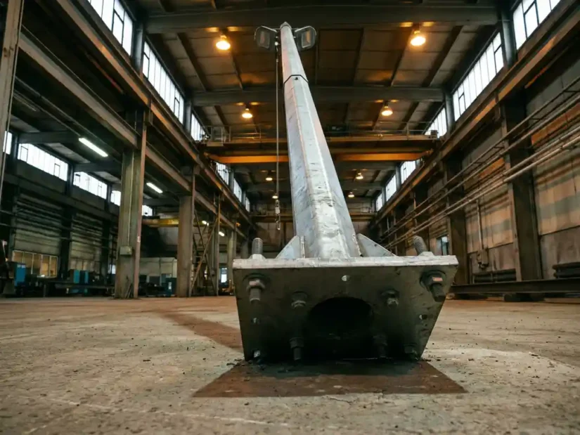 Hoge gegalvaniseerde stalen lichtmast op betonnen vloer in industriële fabriekshal met stalen dakconstructie.