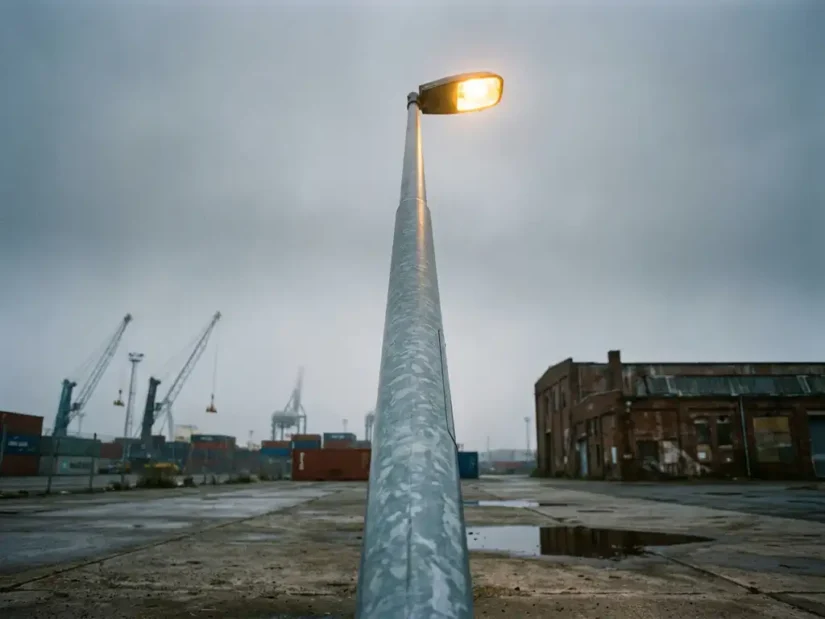 Stalen lichtmast op betonnen industrieterrein in Nederlandse haven, warm natriumlicht tegen bewolkte lucht, lage camerahoek.