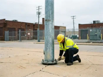 Onderhoudsmonteur in geel veiligheidsvest inspecteert de voet van een stalen lichtmast op een betonnen stoep.
