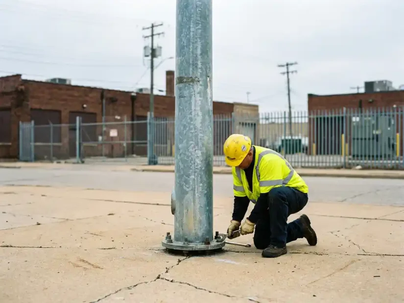 Onderhoudsmonteur in geel veiligheidsvest inspecteert de voet van een stalen lichtmast op een betonnen stoep.