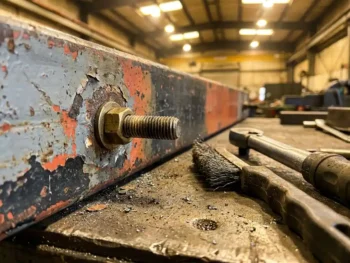 Aardingsbout tegen geverfd staaloppervlak met draadborstel en momentsleutel op verweerde werkbank in industriële werkplaats.