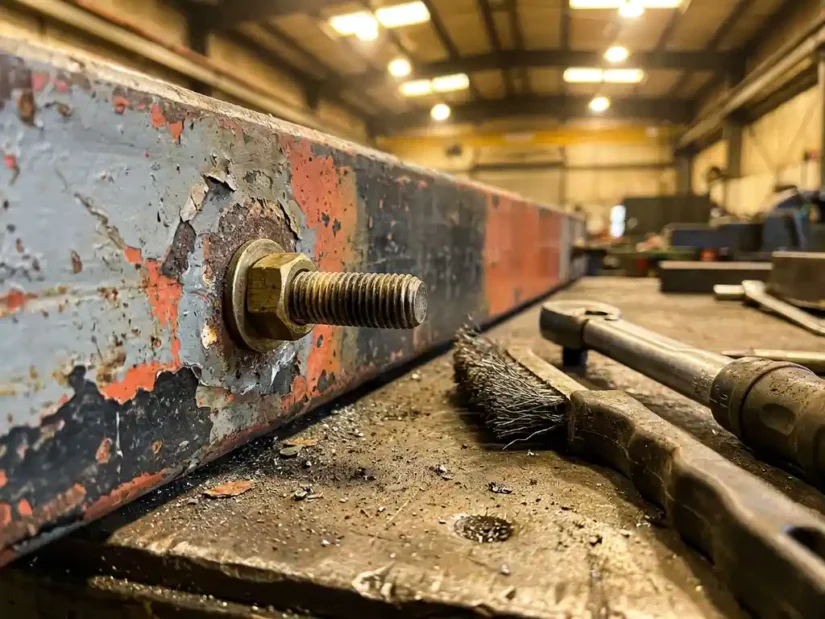 Aardingsbout tegen geverfd staaloppervlak met draadborstel en momentsleutel op verweerde werkbank in industriële werkplaats.