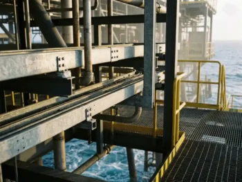 Gegalvaniseerd unistrut-kanaalframe met industriële leidingen en kabelgoten op een offshore staalplatform.