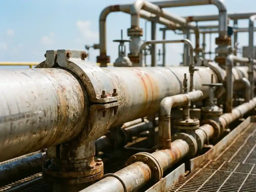 Roestvrijstalen pijpklem op een dikke industriële pijp van een offshore platform, omgeven door dicht leidingwerk en staalrooster.