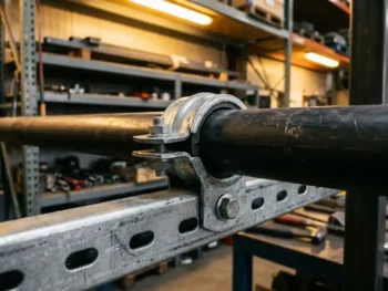 Gegalvaniseerde pijpklem op stalen buis gemonteerd aan unistrut kanaalprofi el, bouten zichtbaar, industriële werkplaatsomgeving.