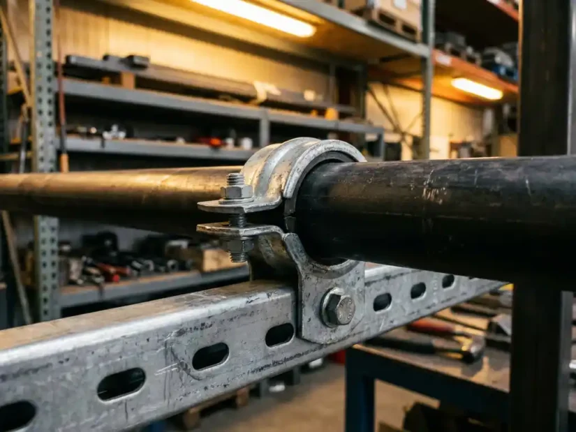 Gegalvaniseerde pijpklem op stalen buis gemonteerd aan unistrut kanaalprofi el, bouten zichtbaar, industriële werkplaatsomgeving.