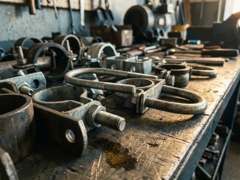 Industriële pijpklemmen en beugels in verschillende maten op verweerd stalen werkblad, verlicht door warm directioneel licht.