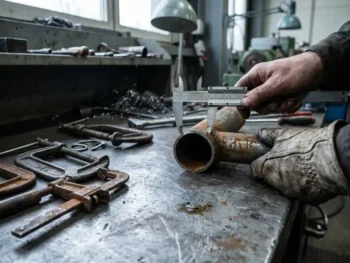 Verweerde hand meet stalen pijp met metaalschuifmaat, pijpklemmen op roestige werkbank in industriële werkplaats.