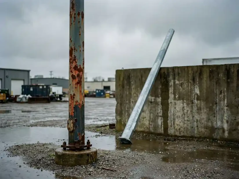 Verroeste stalen lichtmast in industriële buitenruimte met schilferende verf, naast een nieuwe gegalvaniseerde vervangingsmast tegen betonnen muur.