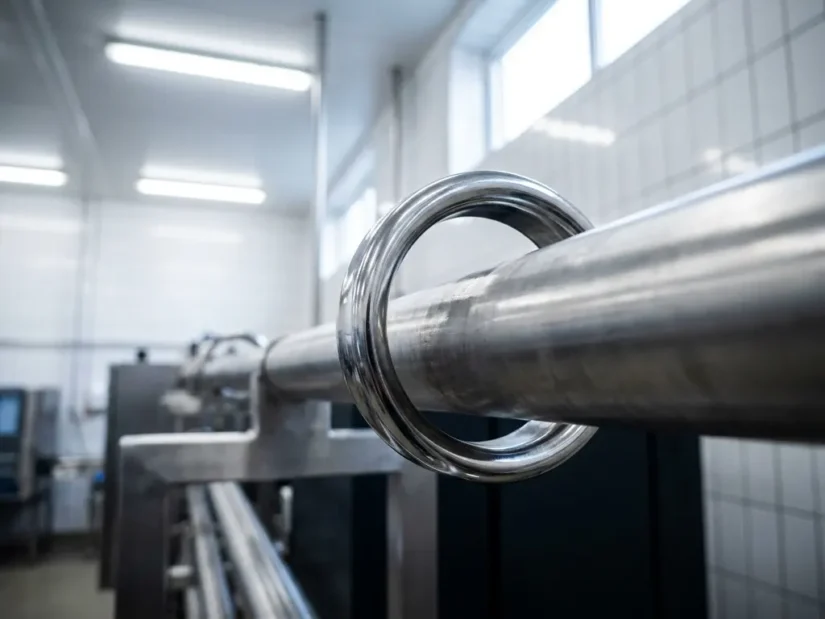 Roestvrijstalen pijpbeugel gemonteerd op industriële leiding in een voedselverwerkingsfaciliteit met witte tegelmuren.