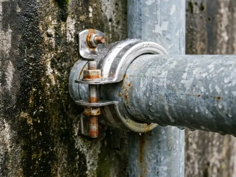 RVS pijpklem om gegalvaniseerde buis op betonnen industriële muur, waterdruppels op metaaloppervlak, roestsporen op omliggend beslag.