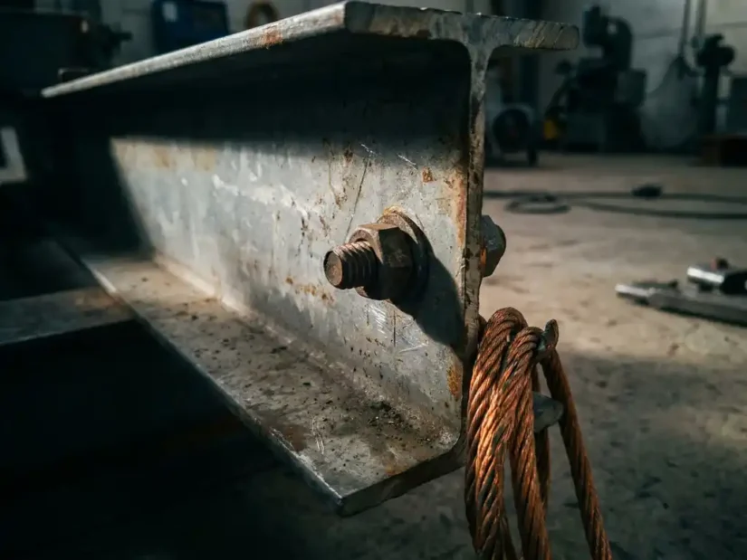 Stalen aardingsbout bevestigd aan verweerde gegalvaniseerde balk met koperen aardingskabel, scherpe zijverlichting in industriële werkplaats.