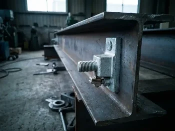 Verzinkte stalen aardingsklem gemonteerd op een stalen balk in een industriële werkplaats, met zichtbare boutdraad en metalen contactvlakken.