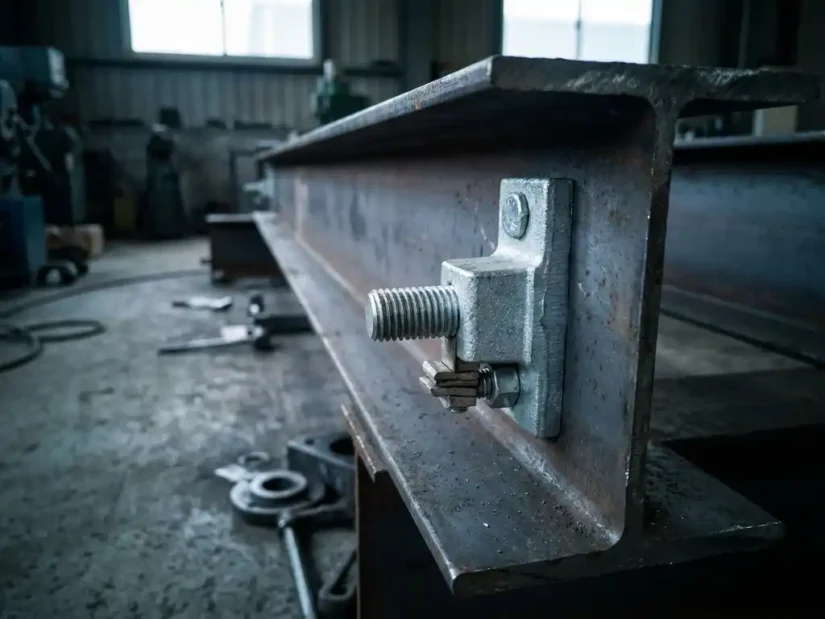 Verzinkte stalen aardingsklem gemonteerd op een stalen balk in een industriële werkplaats, met zichtbare boutdraad en metalen contactvlakken.