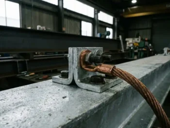 Stalen aardingslug op gegalvaniseerd metaaloppervlak met vastgeboute koperen aardingskabel in industriële werkplaats.