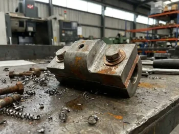 Stalen aardingsklem op metalen werkoppervlak, omringd door staalspanen en bouten, industriële achtergrond.