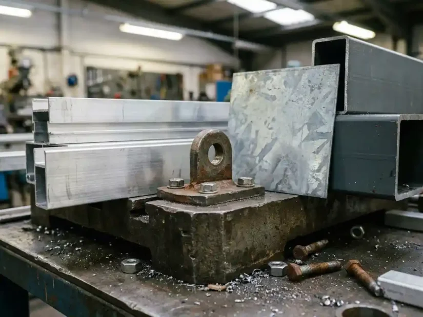 Stalen aardnok gemonteerd op ruw metaaloppervlak, omringd door gegalvaniseerd staal, aluminium profiel en constructiestaal in een werkplaatsomgeving.