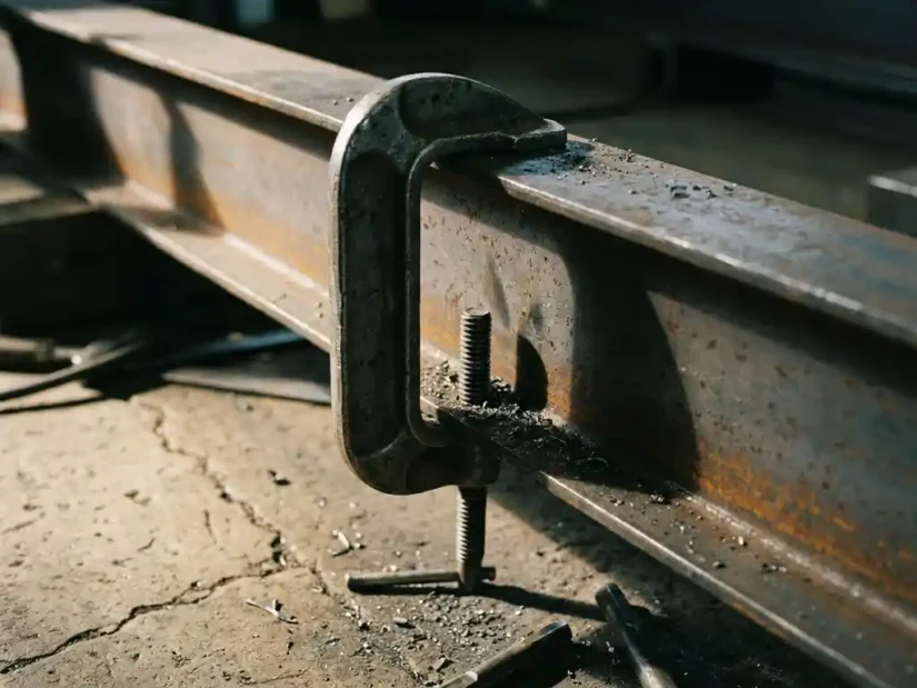 Stalen balkenklem die een industriële I-balk vastgrijpt, close-up met scherpe schaduwen op ruw metaal in een werkplaatsomgeving.