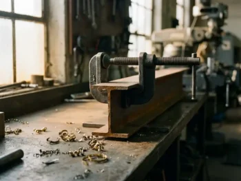Stalen balkenklem geklemd op een breed-flens I-profiel, met zichtbaar schroefdraadmechanisme op een verweerde werkbank.