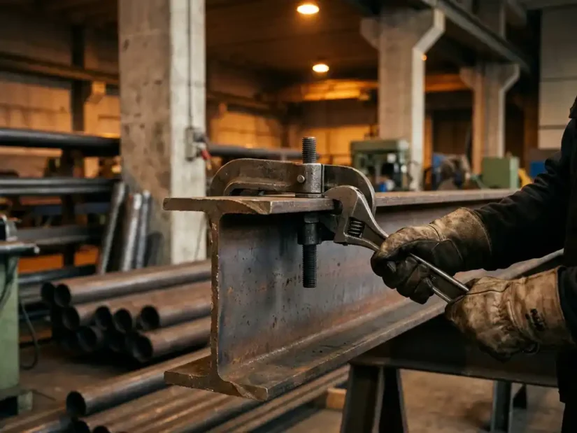 Staalstraalklem die een I-ligger vastgrijpt zonder boorgaten, terwijl een werker met handschoenen een bout aanspant in een industriële werkplaats.