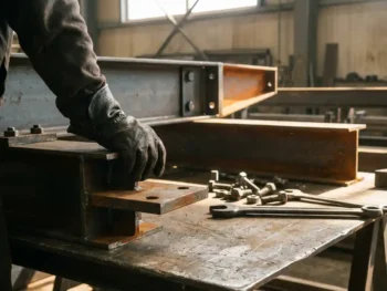 Stalen verbindingsstuk in gehandschoende hand op industriële bouwplaats, met geboute draagbalken en moersleutel op de achtergrond.