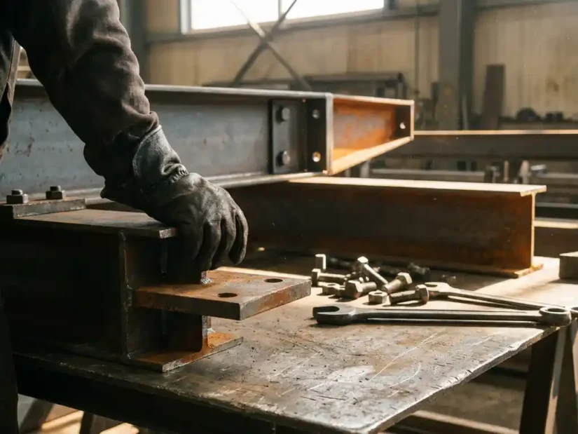 Stalen verbindingsstuk in gehandschoende hand op industriële bouwplaats, met geboute draagbalken en moersleutel op de achtergrond.
