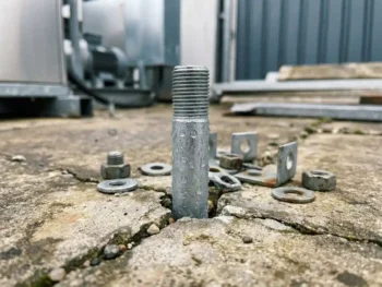 Gegalvaniseerde stalen grondanker bout in gebarsten beton met waterdruppels op het verzinkte oppervlak, bouwplaats.