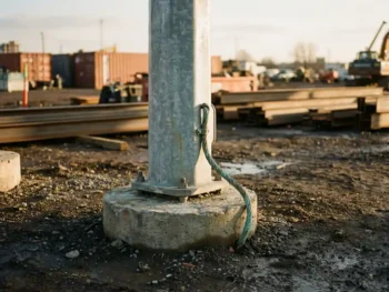 Gegalvaniseerde stalen lichtmast op betonnen fundering met koperen aardingskabel langs de basis in industriële omgeving.
