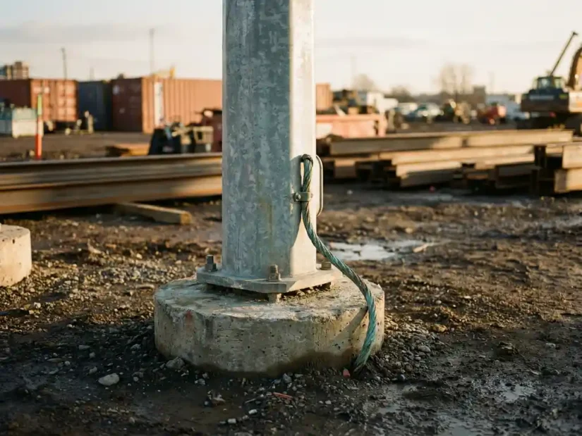 Gegalvaniseerde stalen lichtmast op betonnen fundering met koperen aardingskabel langs de basis in industriële omgeving.