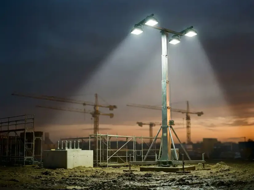 Hoge gegalvaniseerde stalen lichtmast op bouwplaats bij schemering, schijnwerpers verlichten modderige grond en steigers.