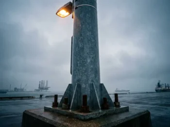 Verzinkte stalen lichtmast op industriële havenkade met ankerbouten, offshore platforms op achtergrond, dramatische bewolkte lucht.