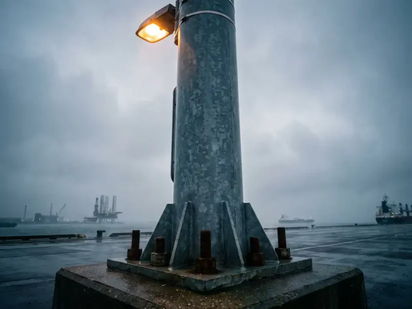 Verzinkte stalen lichtmast op industriële havenkade met ankerbouten, offshore platforms op achtergrond, dramatische bewolkte lucht.
