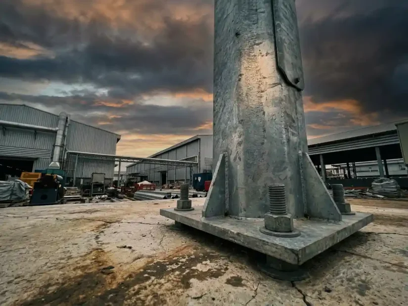 Gegalvaniseerde stalen lichtmast op industrieel terrein, bevestigd aan gebarsten beton, met magazijngevels en bewolkte lucht op de achtergrond.