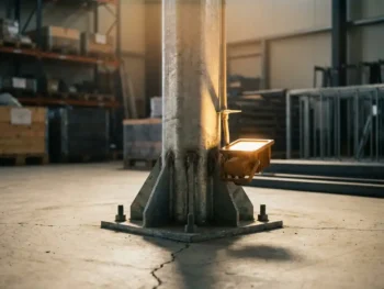 Gegalvaniseerde stalen lichtmast op betonnen industrievloer, verlicht door warm gouden schijnwerper met dramatische schaduwen omhoog langs de mast.