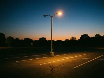 Stalen lichtmast in leeg parkeerterrein bij schemering, met warm amberkleurig straatlicht tegen een blauwe avondlucht.