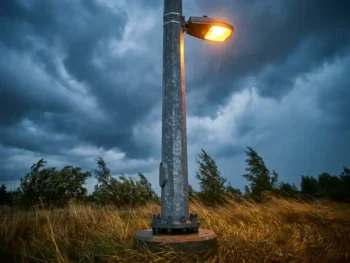 Galvaniseerde stalen lichtmast in stormweer, omgebogen gras en bomen aan de voet, amber lantaarnlicht tegen donkerblauwe lucht.