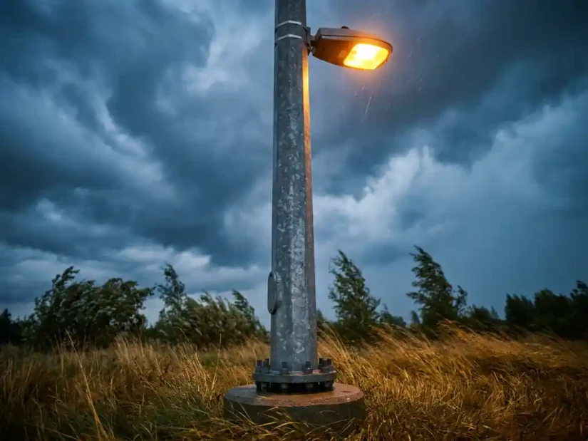 Galvaniseerde stalen lichtmast in stormweer, omgebogen gras en bomen aan de voet, amber lantaarnlicht tegen donkerblauwe lucht.