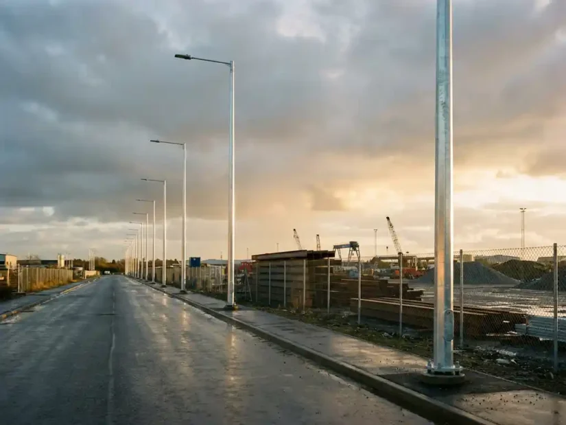 Rij stalen lichtmasten langs industrieweg, verzinkt metaal glanzend in gouden middaglicht, bouwterrein op achtergrond.