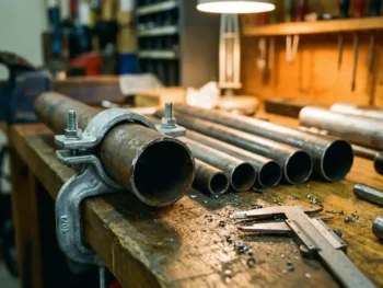 Verweerde stalen pijp vastgeklemd in zware gegalvaniseerde pijpklem op industriële werkbank, omringd door pijpen in oplopende maten en meetschuifmaat.