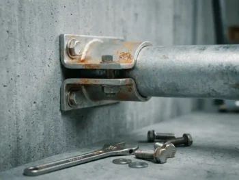 Stalen pijpbeugel met bout bevestigd aan betonnen industriële muur, dikke metalen pijp ingeklemd, moersleutel en bouten op de vloer.