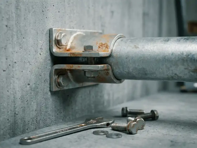 Stalen pijpbeugel met bout bevestigd aan betonnen industriële muur, dikke metalen pijp ingeklemd, moersleutel en bouten op de vloer.
