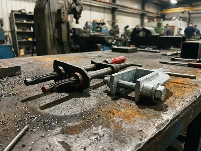 Stalen pijpklem en balkbeugel op industriële werktafel, met scherpe schaduwen op het metalen oppervlak en een wazige fabriekshal op de achtergrond.