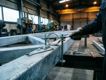 Stalen pijpklembeugel gemonteerd op verzinkte dakspant in industriële hal, met moersleutel en bevestigingsbouten op de balk.