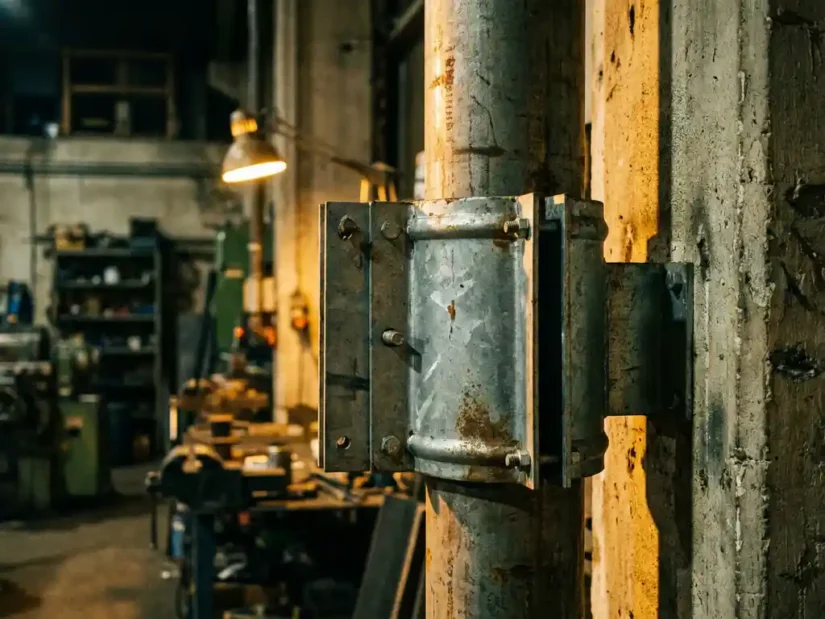 Stalen pijpklembeugel om industriële buis gemonteerd op betonnen fabriekswall, gegalvaniseerd metaal in scherp zijlicht.