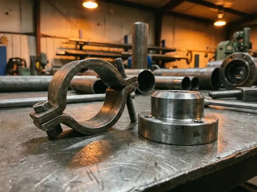 Stalen pijpklem en dopbeugel op versleten werkbank, industriële staalcomponenten op de achtergrond, close-up met ondiepe scherptediepte.