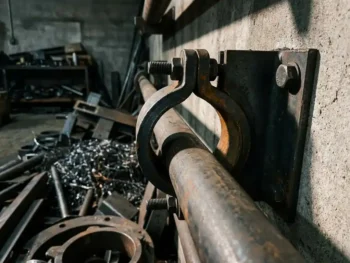 Zware stalen pijpklem bevestigd op industriële pijp tegen betonnen muur met bouten, workshop achtergrond met metaalvijlsel.
