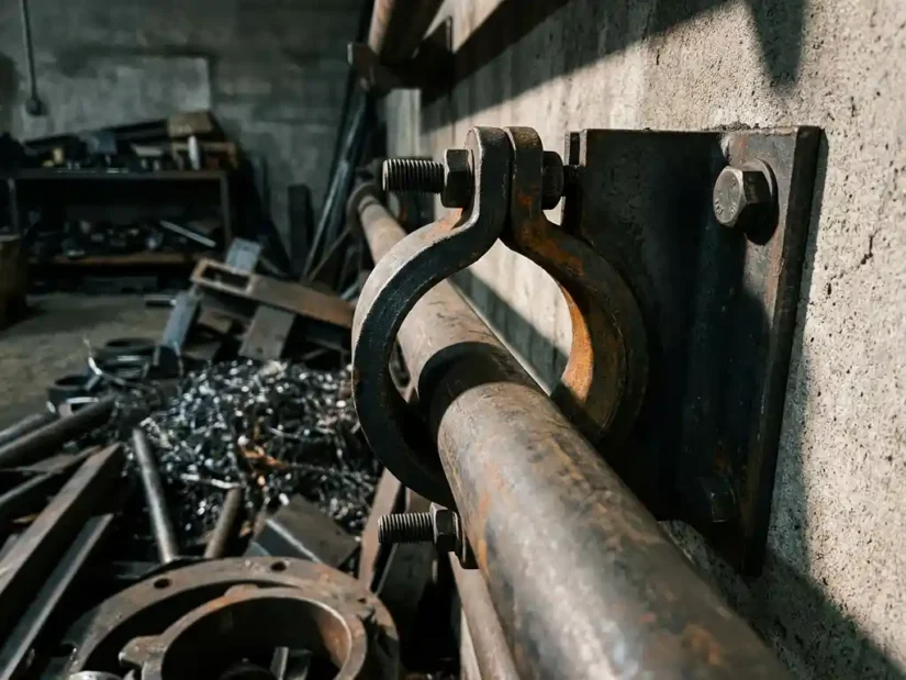 Zware stalen pijpklem bevestigd op industriële pijp tegen betonnen muur met bouten, workshop achtergrond met metaalvijlsel.